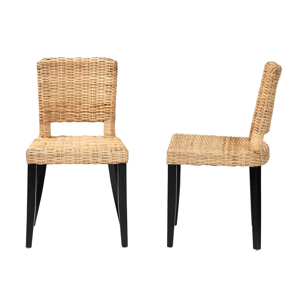 Bohemian Dark Brown Finished Wood and Natural Rattan 2-Piece Dining Chair Set. Picture 12