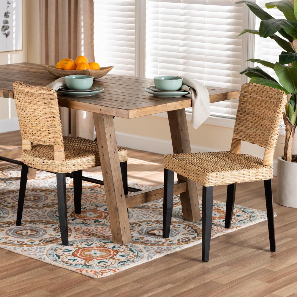Bohemian Dark Brown Finished Wood and Natural Rattan 2-Piece Dining Chair Set. Picture 16