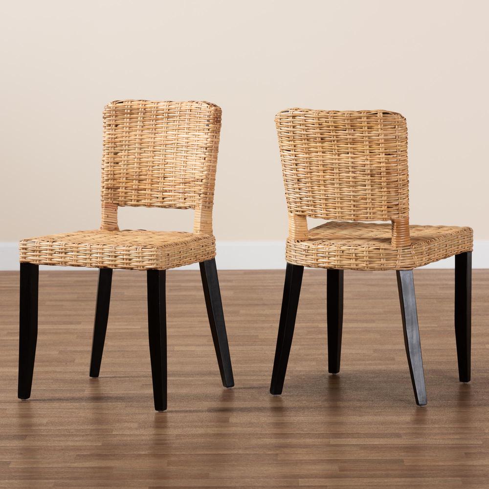 Bohemian Dark Brown Finished Wood and Natural Rattan 2-Piece Dining Chair Set. Picture 17
