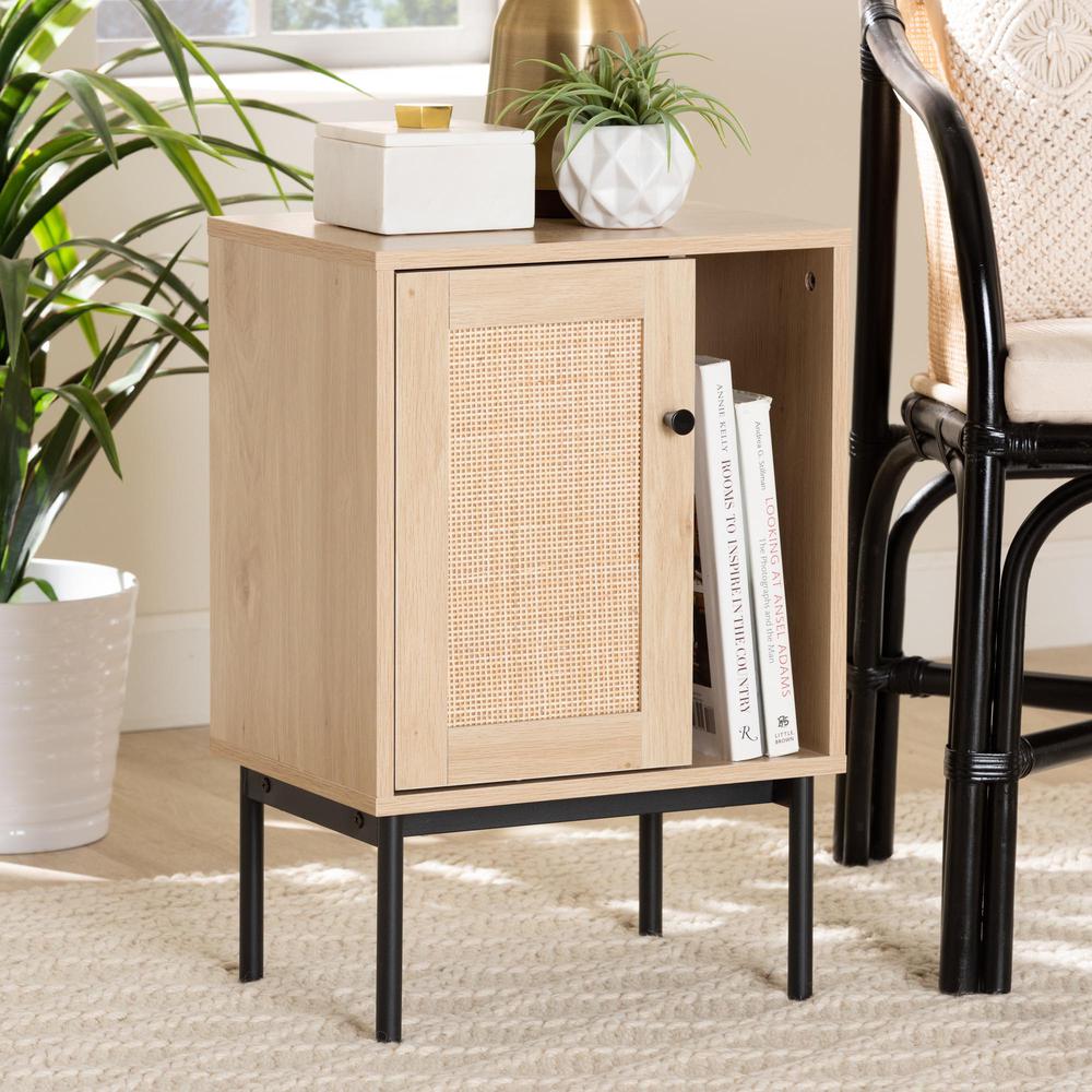 Light Brown and Black 1-Door Cabinet with Woven Rattan Accent. Picture 18