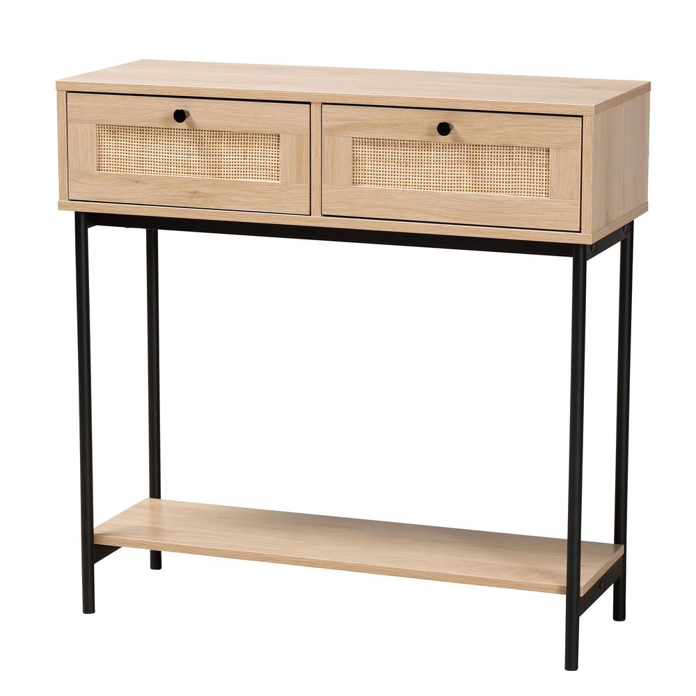 Light Brown  and Black 2-Drawer Console Table with Woven Rattan Accent. Picture 11
