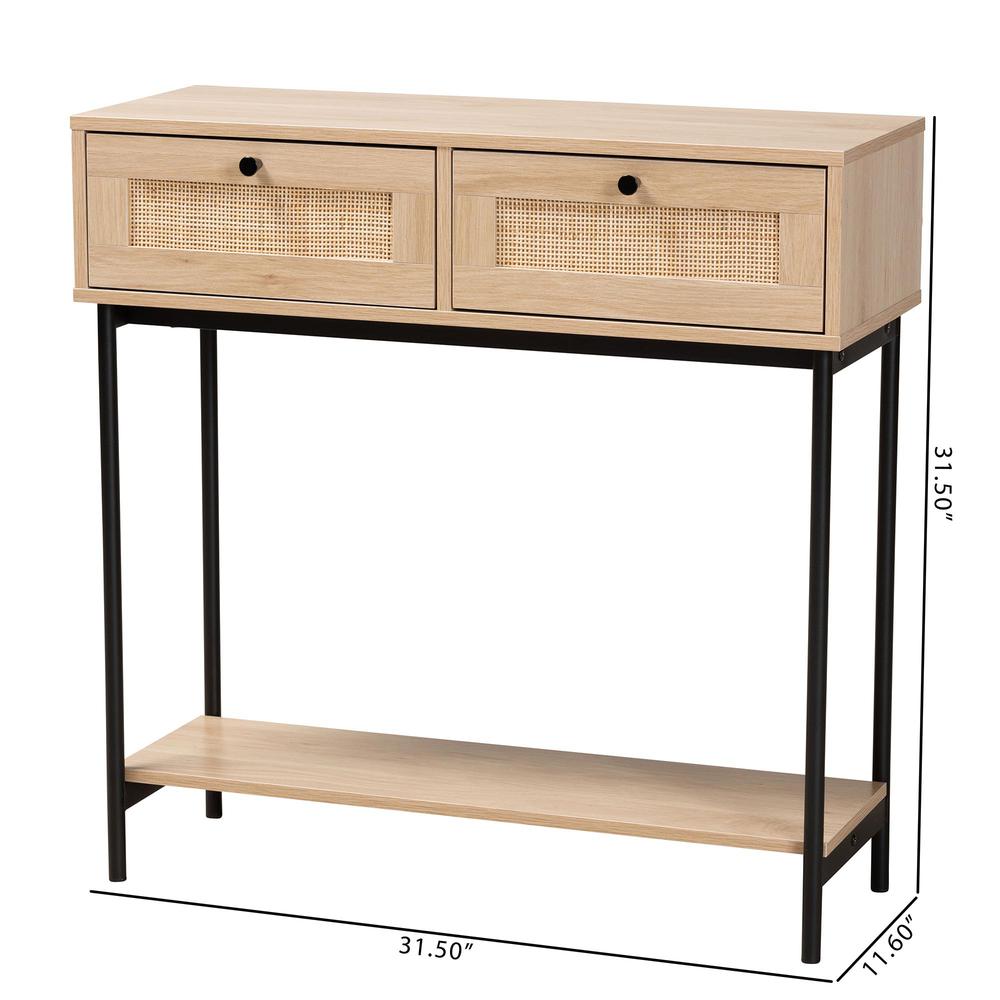 Light Brown  and Black 2-Drawer Console Table with Woven Rattan Accent. Picture 20