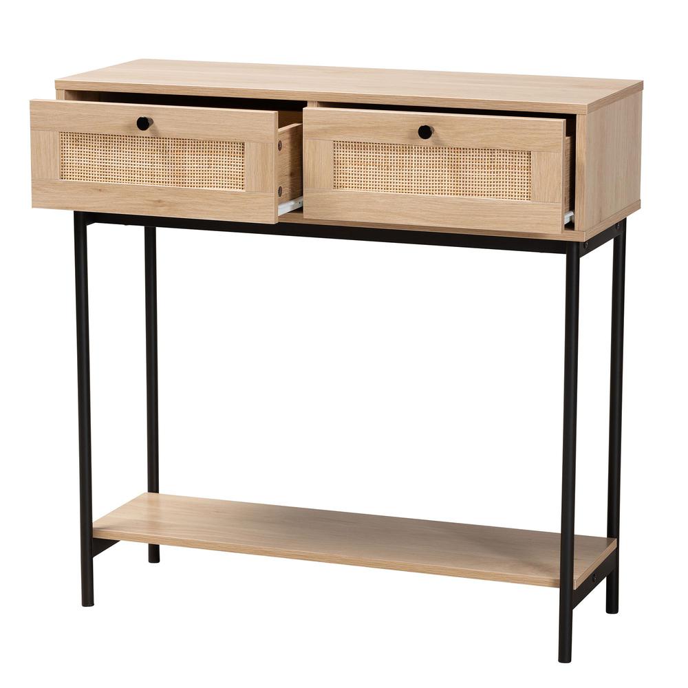 Light Brown  and Black 2-Drawer Console Table with Woven Rattan Accent. Picture 12