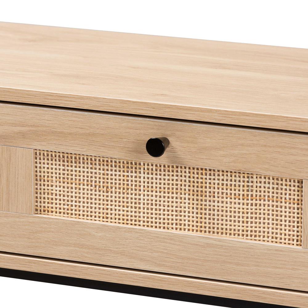 Light Brown  and Black 2-Drawer Console Table with Woven Rattan Accent. Picture 15