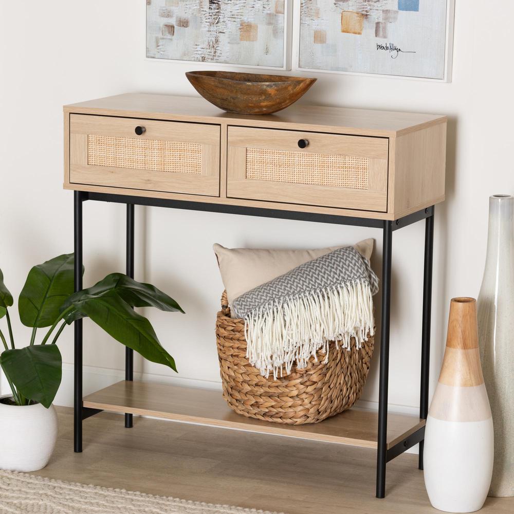 Light Brown  and Black 2-Drawer Console Table with Woven Rattan Accent. Picture 18