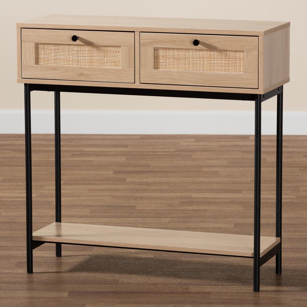 Light Brown  and Black 2-Drawer Console Table with Woven Rattan Accent. Picture 19