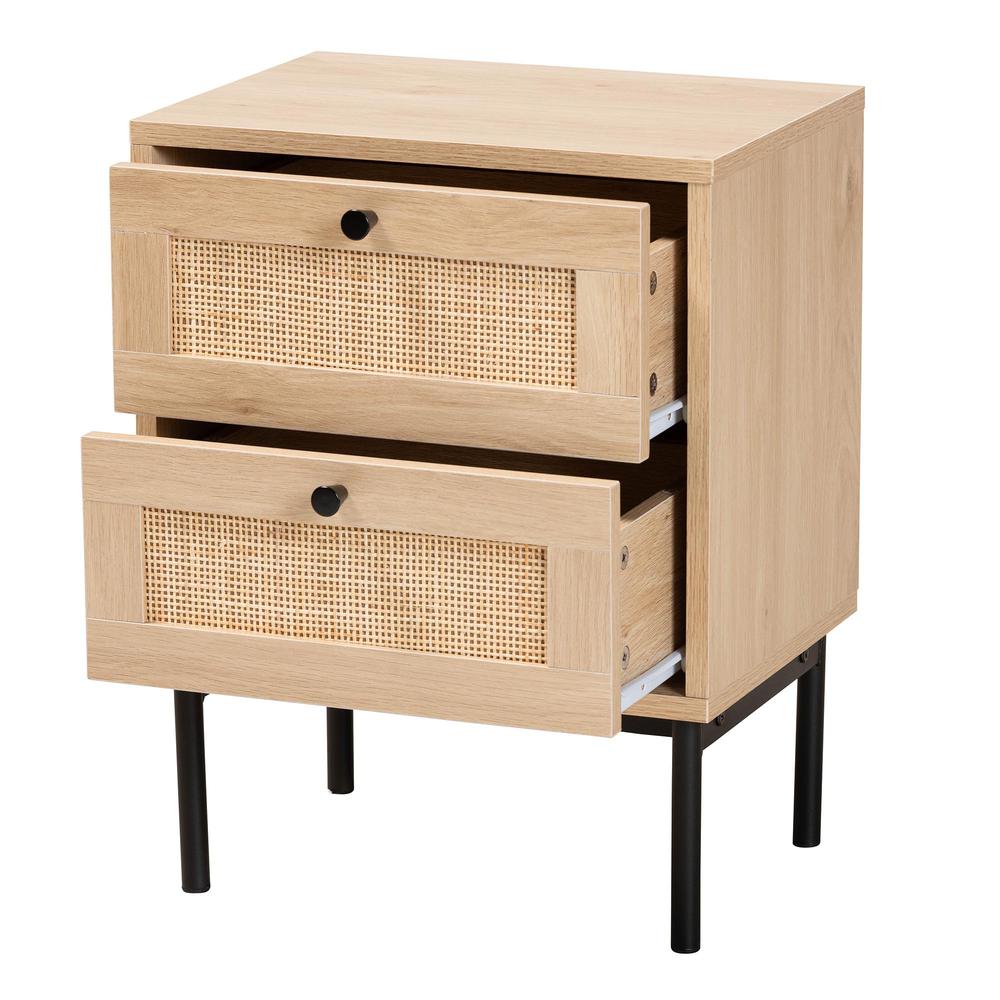 Light Brown and Black 2-Drawer End Table with Woven Rattan Accent. Picture 12