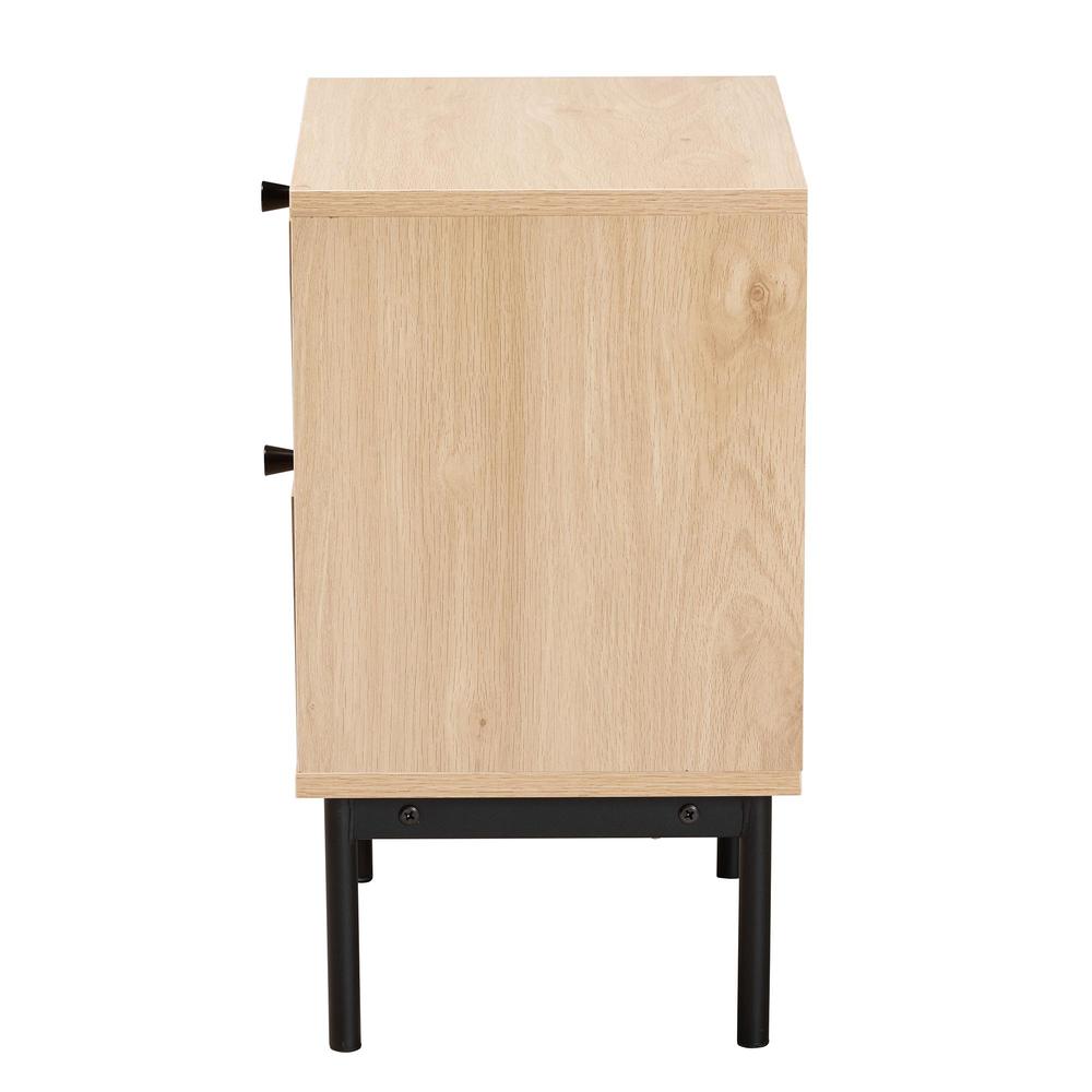 Light Brown and Black 2-Drawer End Table with Woven Rattan Accent. Picture 14