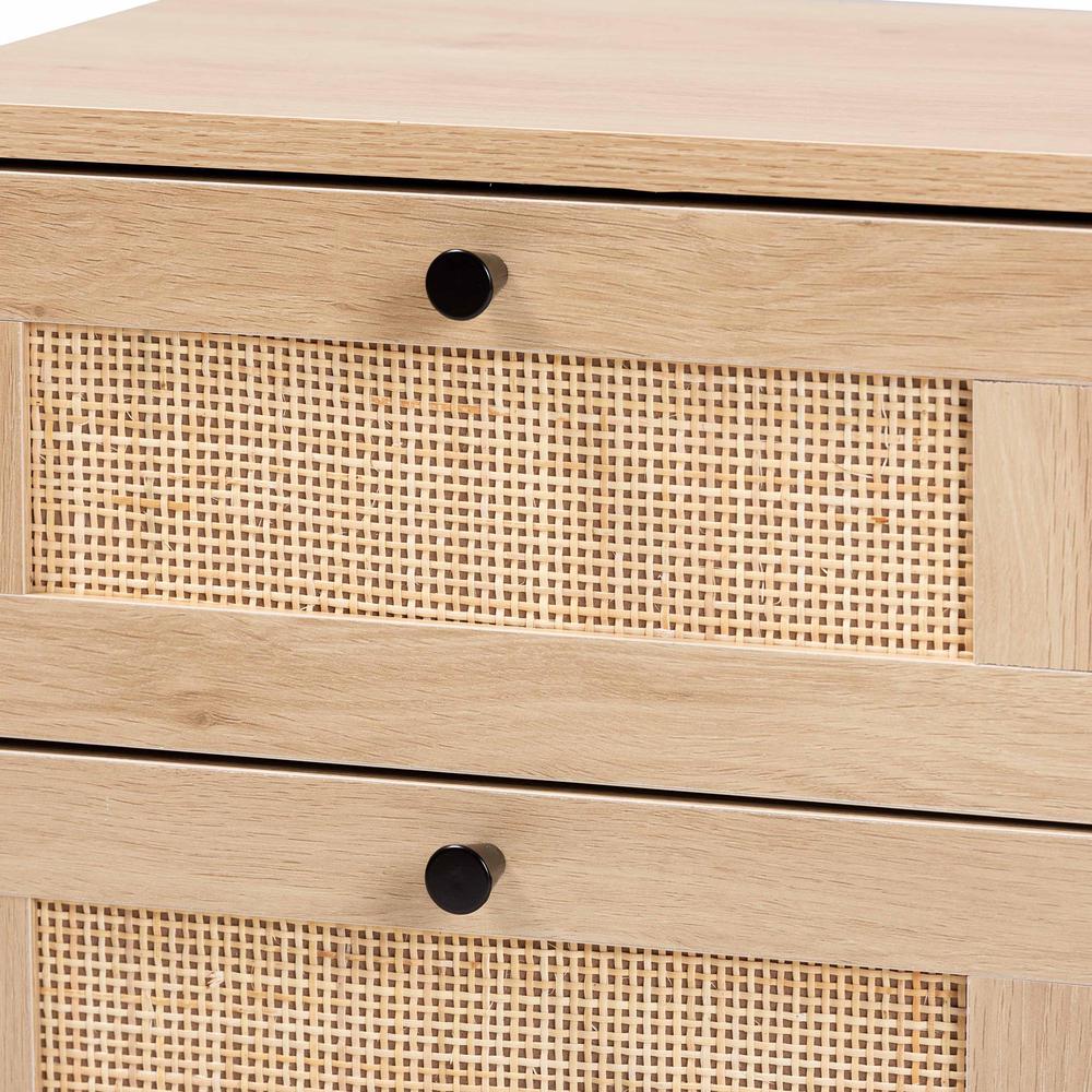 Light Brown and Black 2-Drawer End Table with Woven Rattan Accent. Picture 15