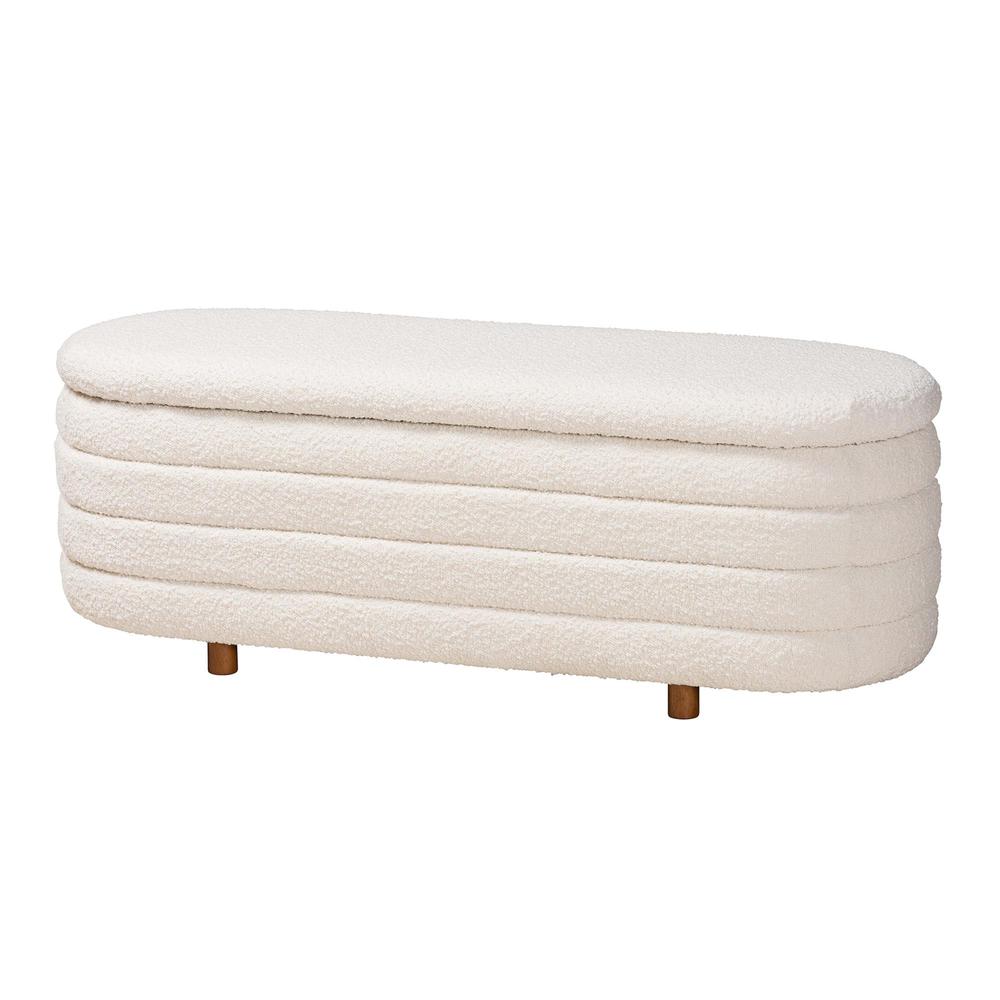 Japandi Cream Boucle Fabric and Walnut Brown Finished Wood Storage Bench. Picture 11