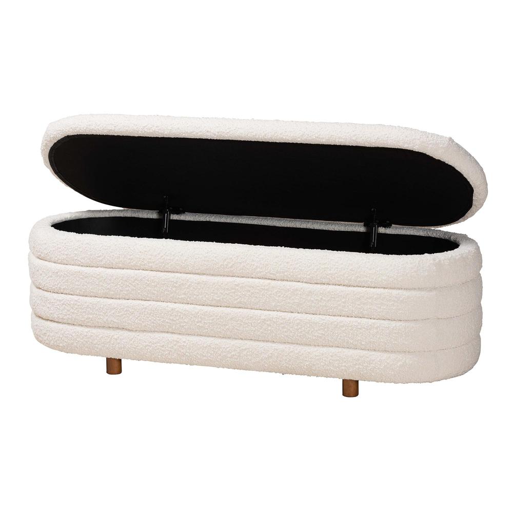 Japandi Cream Boucle Fabric and Walnut Brown Finished Wood Storage Bench. Picture 12