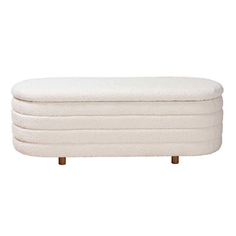 Japandi Cream Boucle Fabric and Walnut Brown Finished Wood Storage Bench. Picture 13