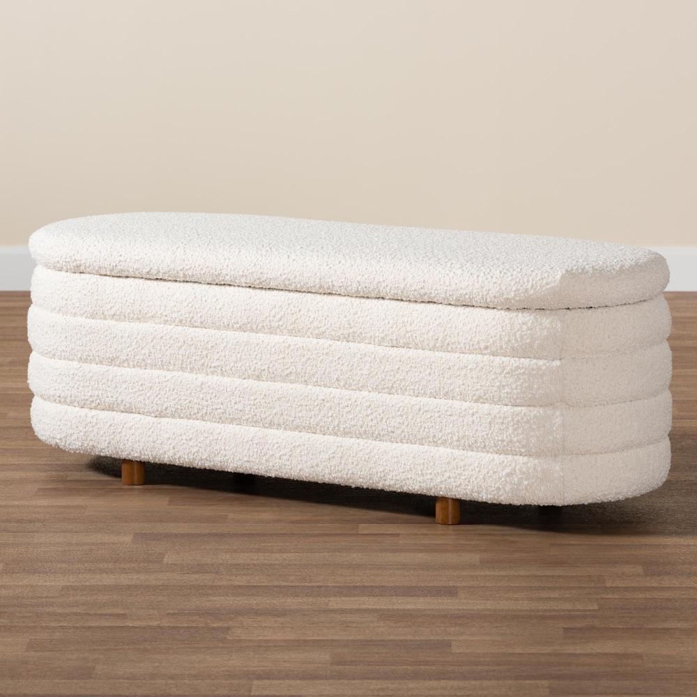 Japandi Cream Boucle Fabric and Walnut Brown Finished Wood Storage Bench. Picture 19