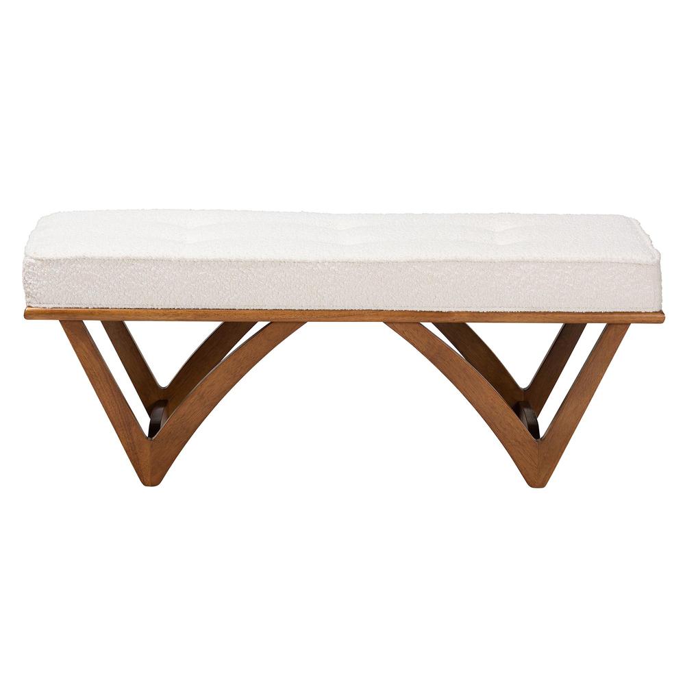 Chenoa Japandi Cream Boucle Fabric and Walnut Brown Finished Wood Bench. Picture 10