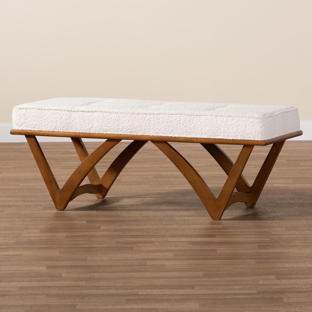 Chenoa Japandi Cream Boucle Fabric and Walnut Brown Finished Wood Bench. Picture 15