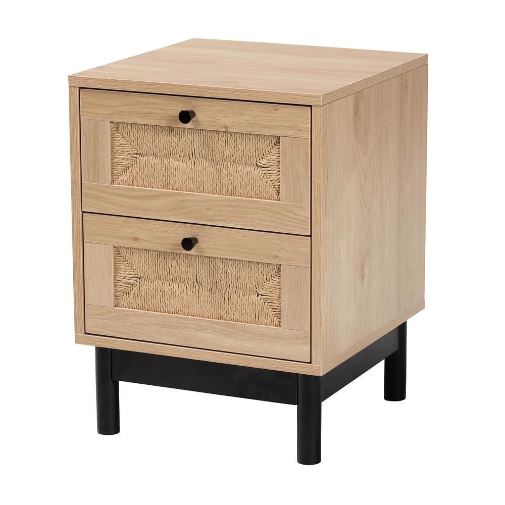 Cherelle Mid-Century Modern Light Brown and Black 2-Drawer End Table. Picture 11