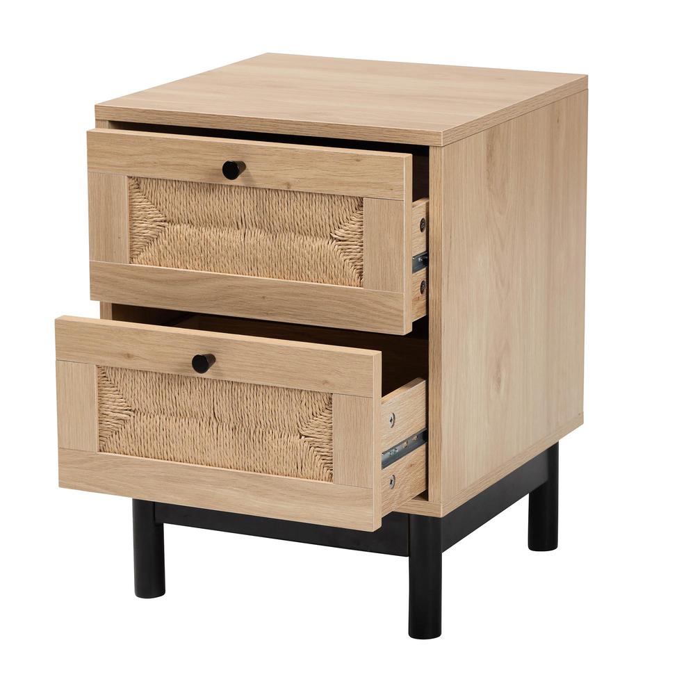Cherelle Mid-Century Modern Light Brown and Black 2-Drawer End Table. Picture 12