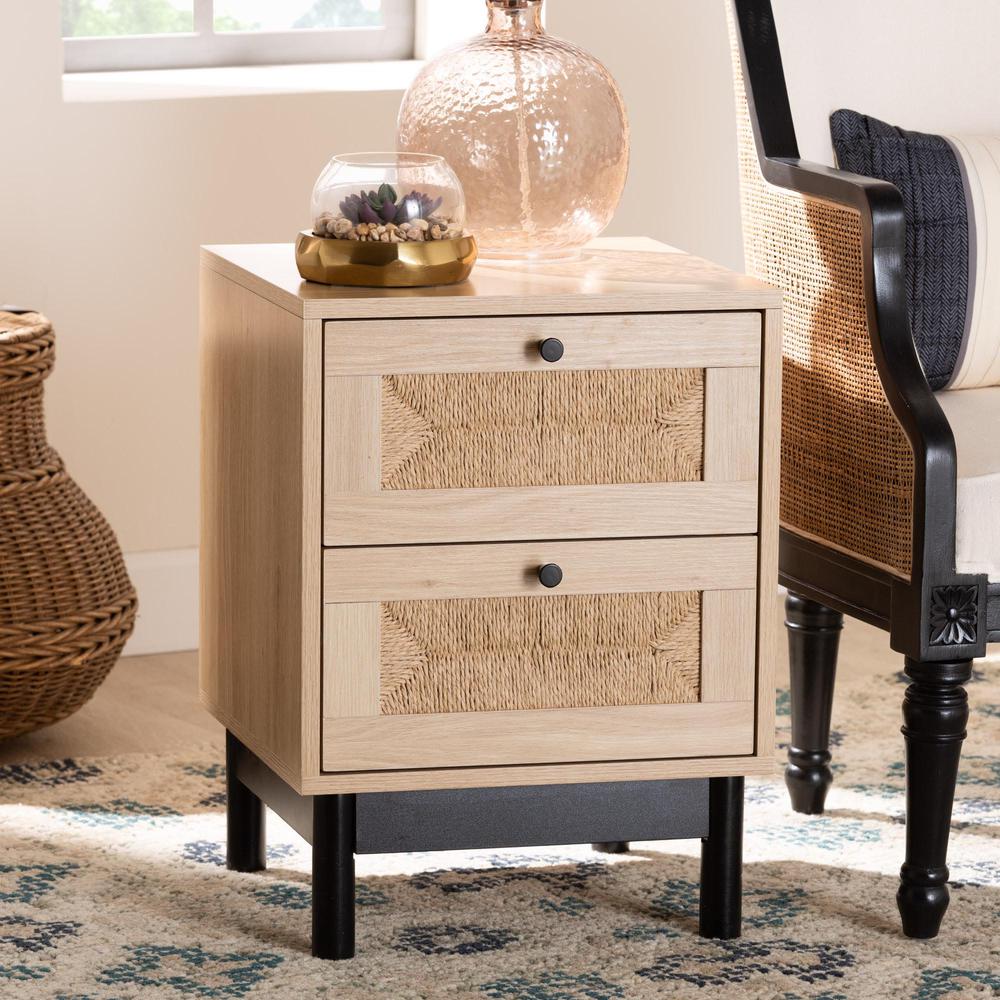 Cherelle Mid-Century Modern Light Brown and Black 2-Drawer End Table. Picture 18