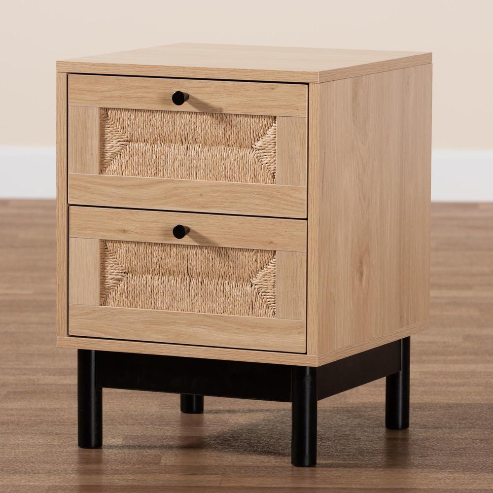Cherelle Mid-Century Modern Light Brown and Black 2-Drawer End Table. Picture 19
