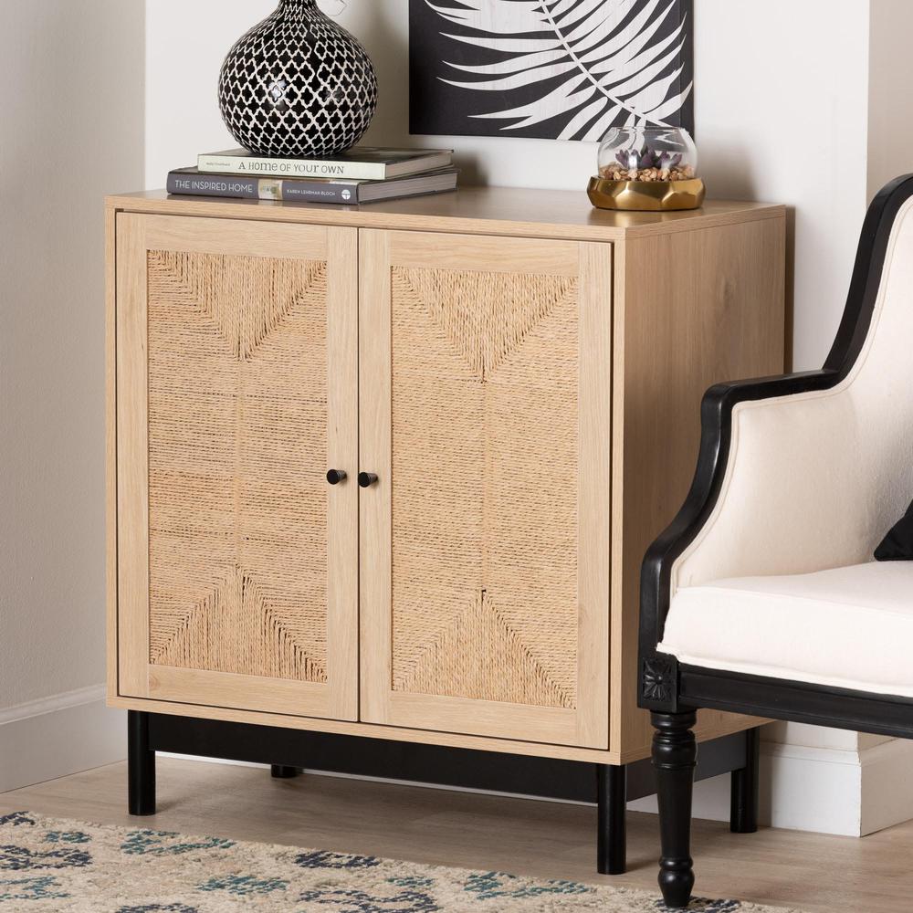 Cherelle Mid-Century Modern Light Brown and Black 2-Door Storage Cabinet. Picture 18