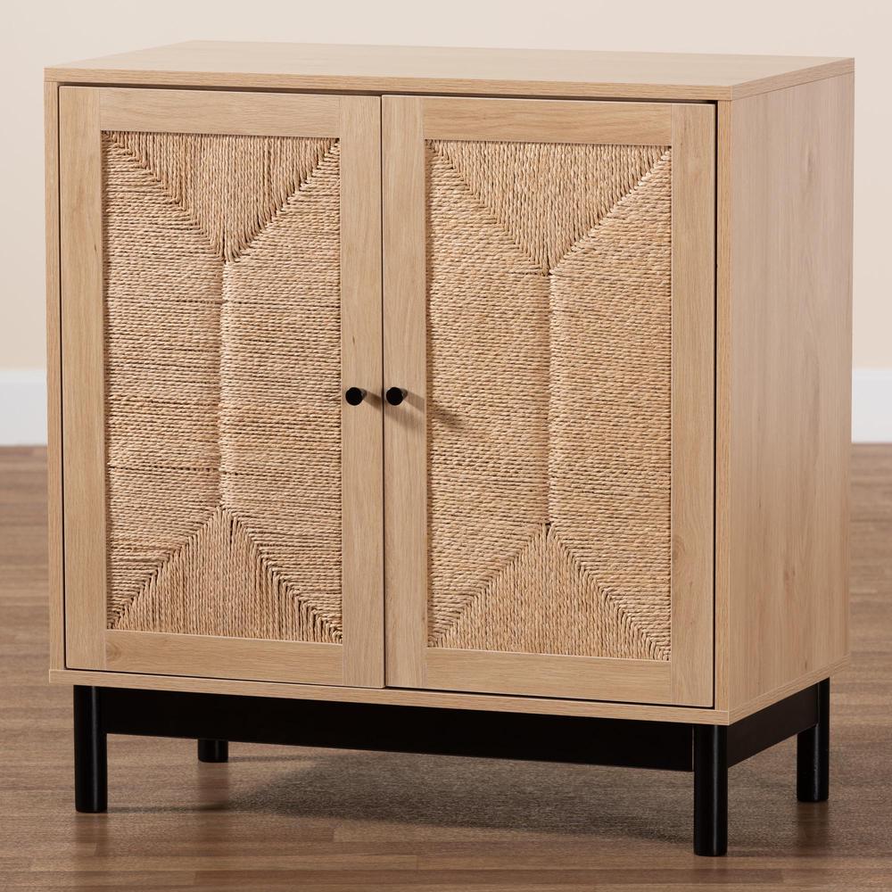 Cherelle Mid-Century Modern Light Brown and Black 2-Door Storage Cabinet. Picture 19
