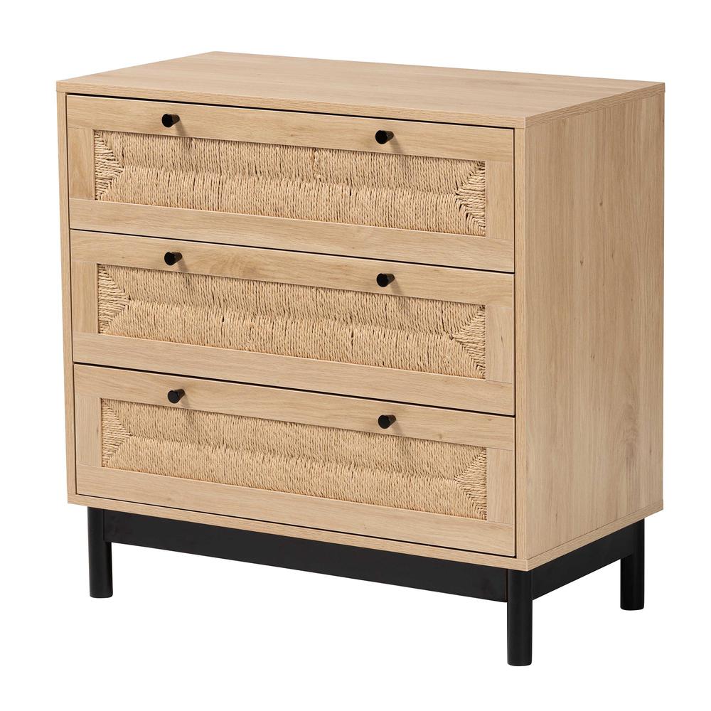 Cherelle Mid-Century Modern Light Brown and Black 3-Drawer Storage Cabinet. Picture 11