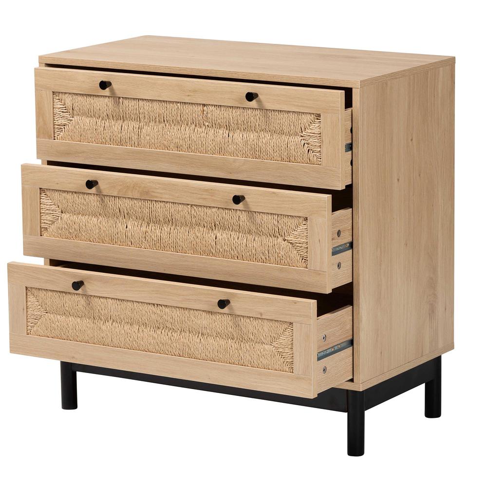Cherelle Mid-Century Modern Light Brown and Black 3-Drawer Storage Cabinet. Picture 12
