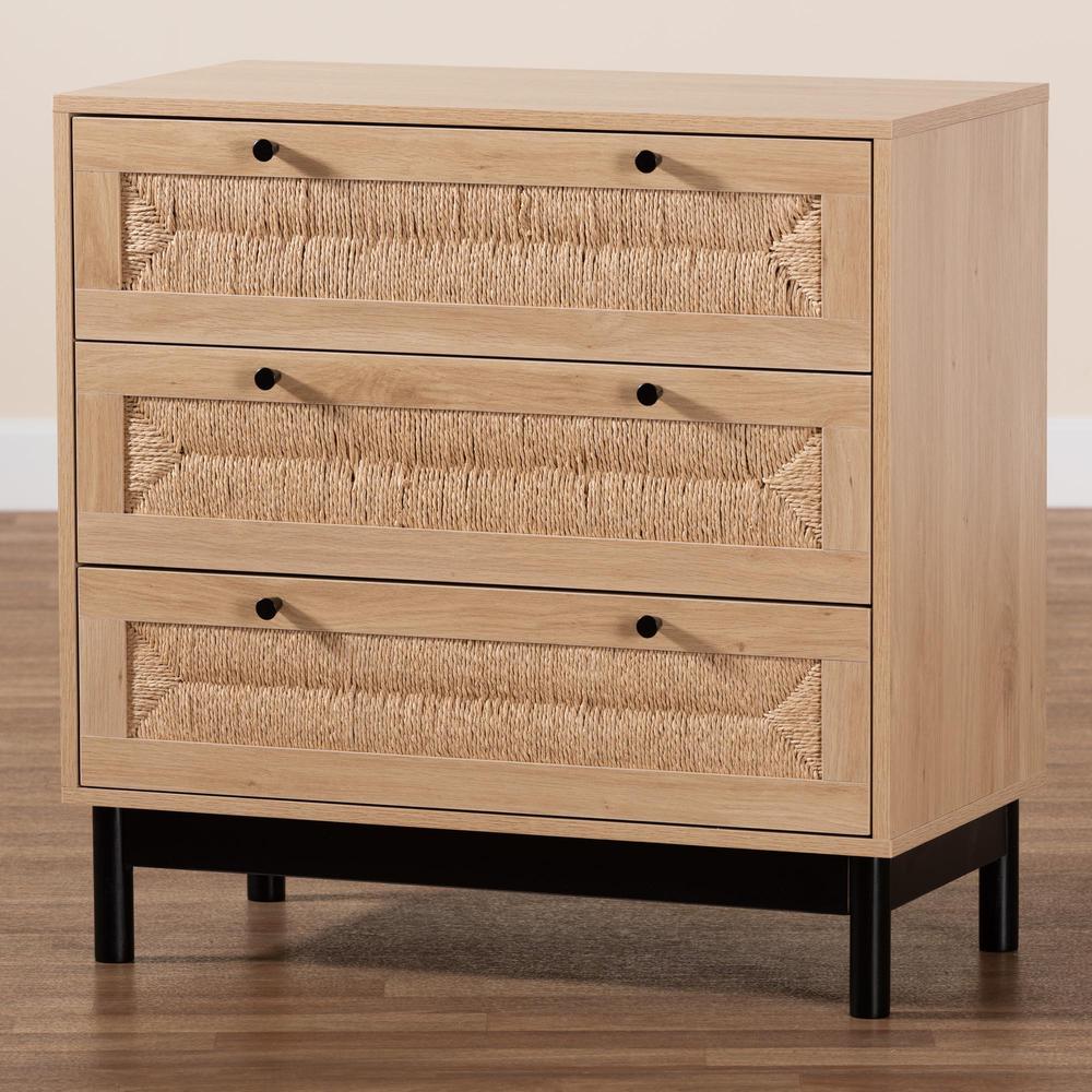 Cherelle Mid-Century Modern Light Brown and Black 3-Drawer Storage Cabinet. Picture 19