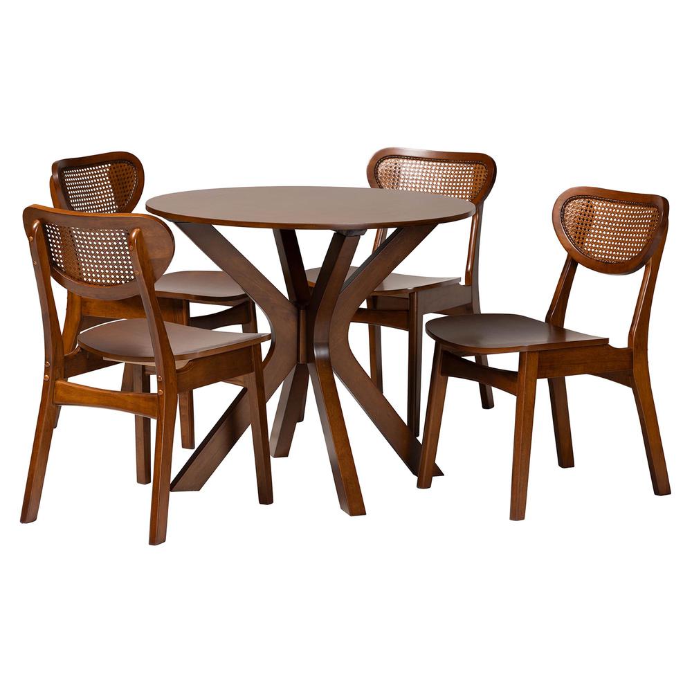 Walnut Brown Finished Wood and Woven Rattan 5-Piece Dining Set. Picture 11