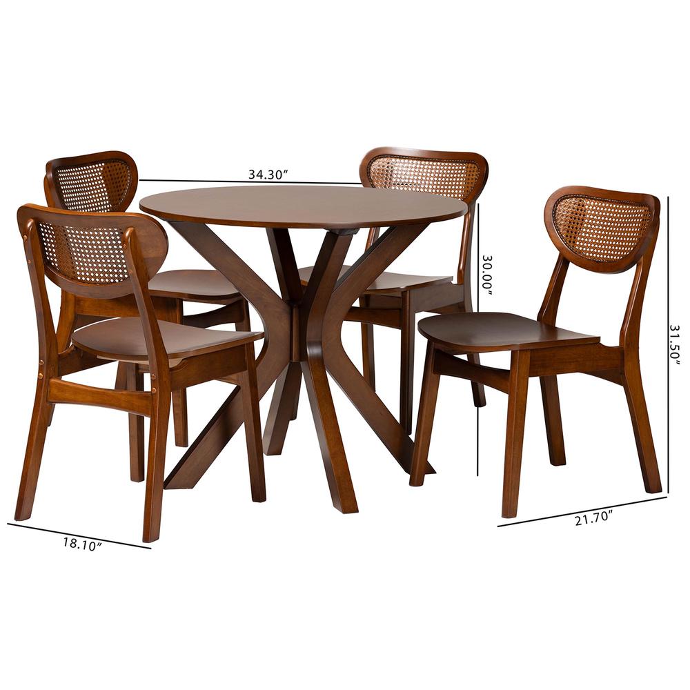 Walnut Brown Finished Wood and Woven Rattan 5-Piece Dining Set. Picture 20
