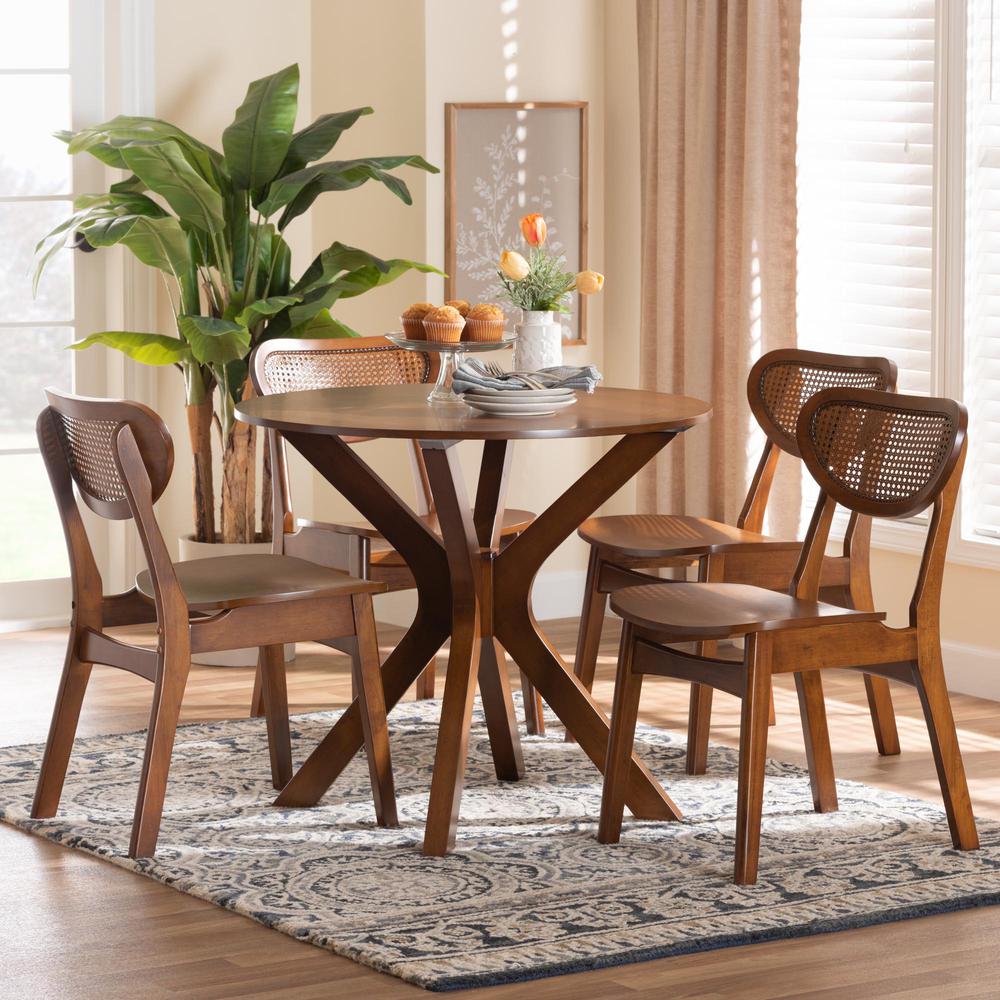 Walnut Brown Finished Wood and Woven Rattan 5-Piece Dining Set. Picture 18