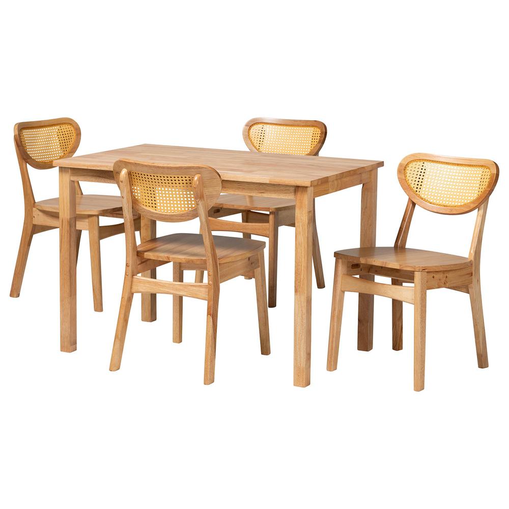 Oak Brown Finished Wood and Rattan 5-Piece Dining Set. Picture 11