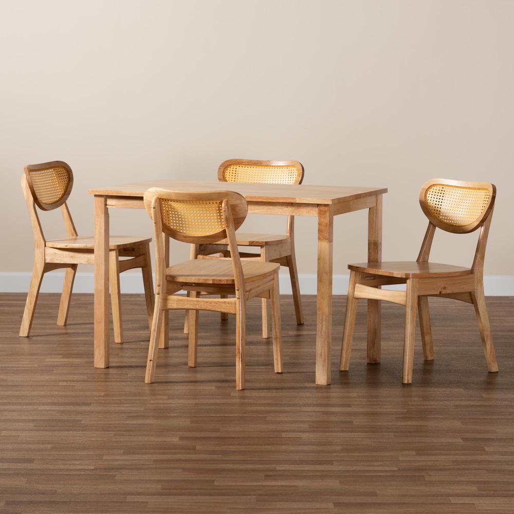 Oak Brown Finished Wood and Rattan 5-Piece Dining Set. Picture 19