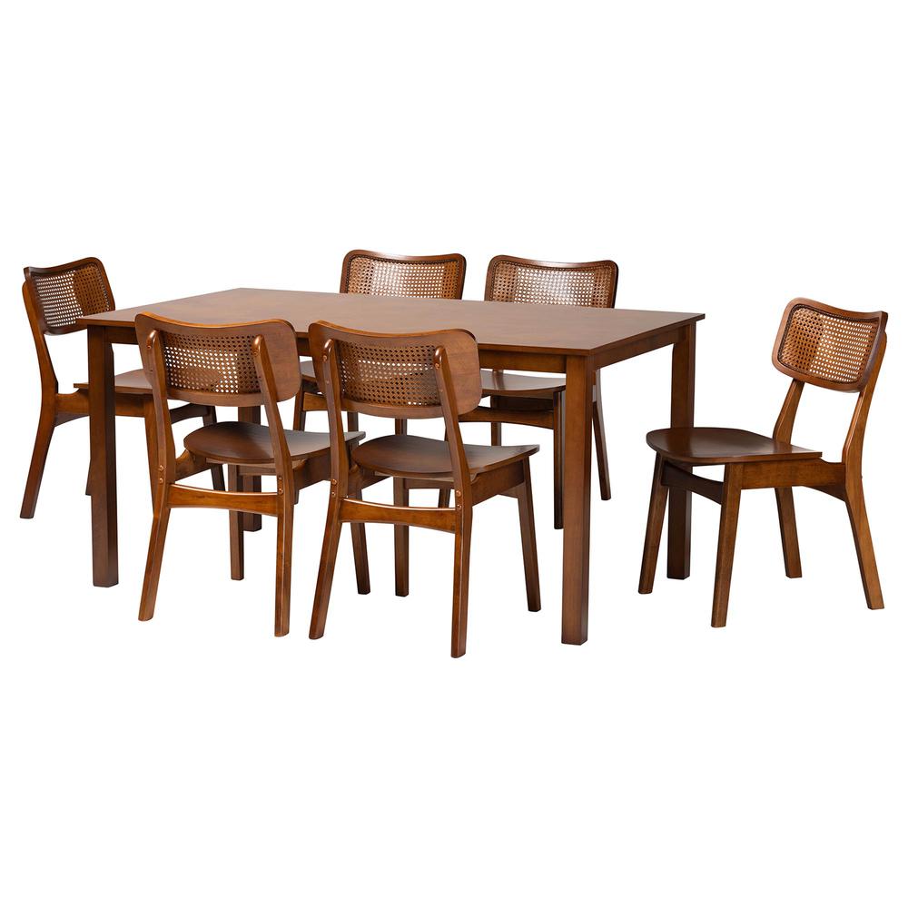 Walnut Brown Finished Wood and Rattan 7-Piece Dining Set. Picture 11