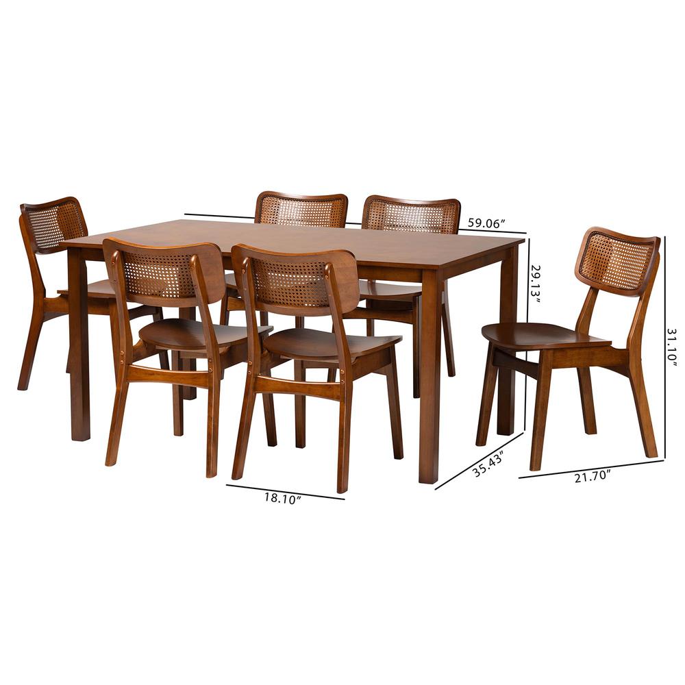 Walnut Brown Finished Wood and Rattan 7-Piece Dining Set. Picture 20