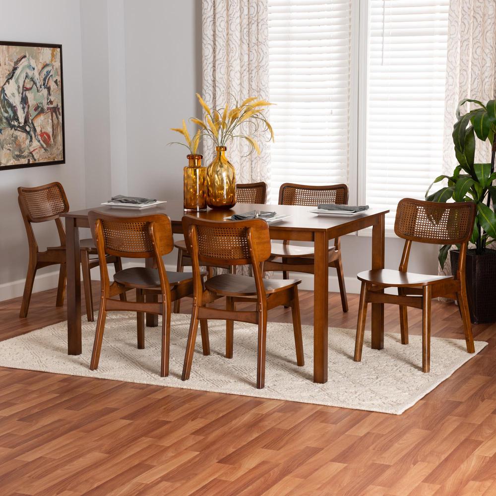 Walnut Brown Finished Wood and Rattan 7-Piece Dining Set. Picture 18
