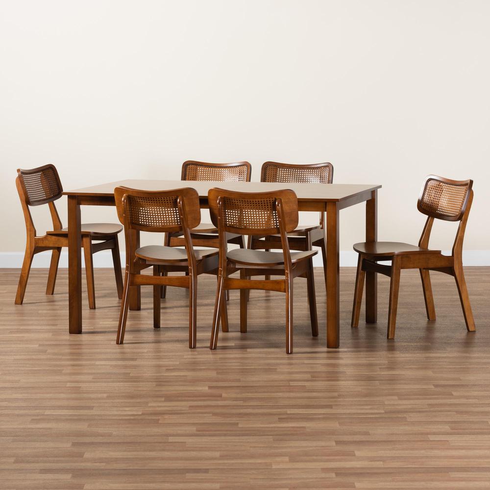 Walnut Brown Finished Wood and Rattan 7-Piece Dining Set. Picture 19