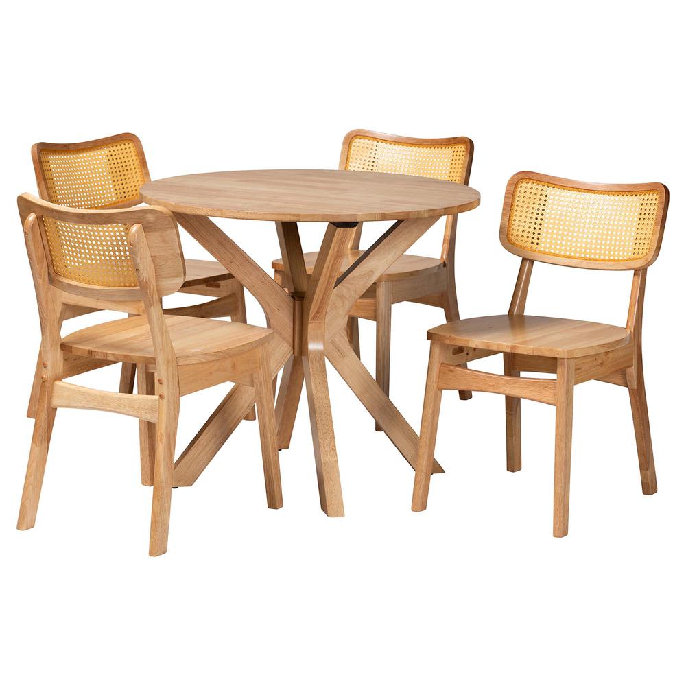 Camilo Mid-Century Modern Oak Brown Finished Wood and Rattan 5-Piece Dining Set. Picture 11