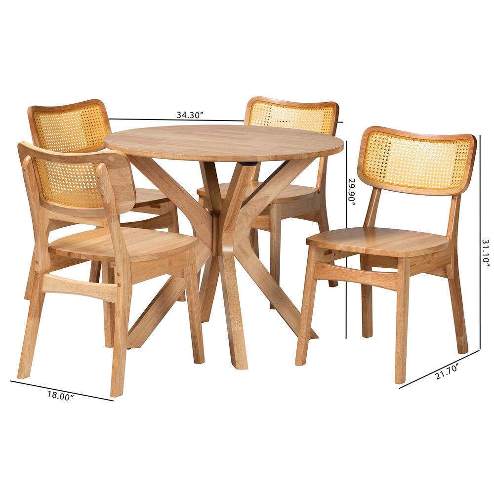 Camilo Mid-Century Modern Oak Brown Finished Wood and Rattan 5-Piece Dining Set. Picture 20