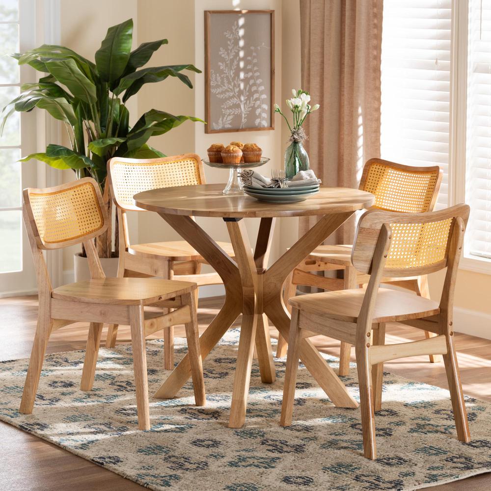 Camilo Mid-Century Modern Oak Brown Finished Wood and Rattan 5-Piece Dining Set. Picture 18