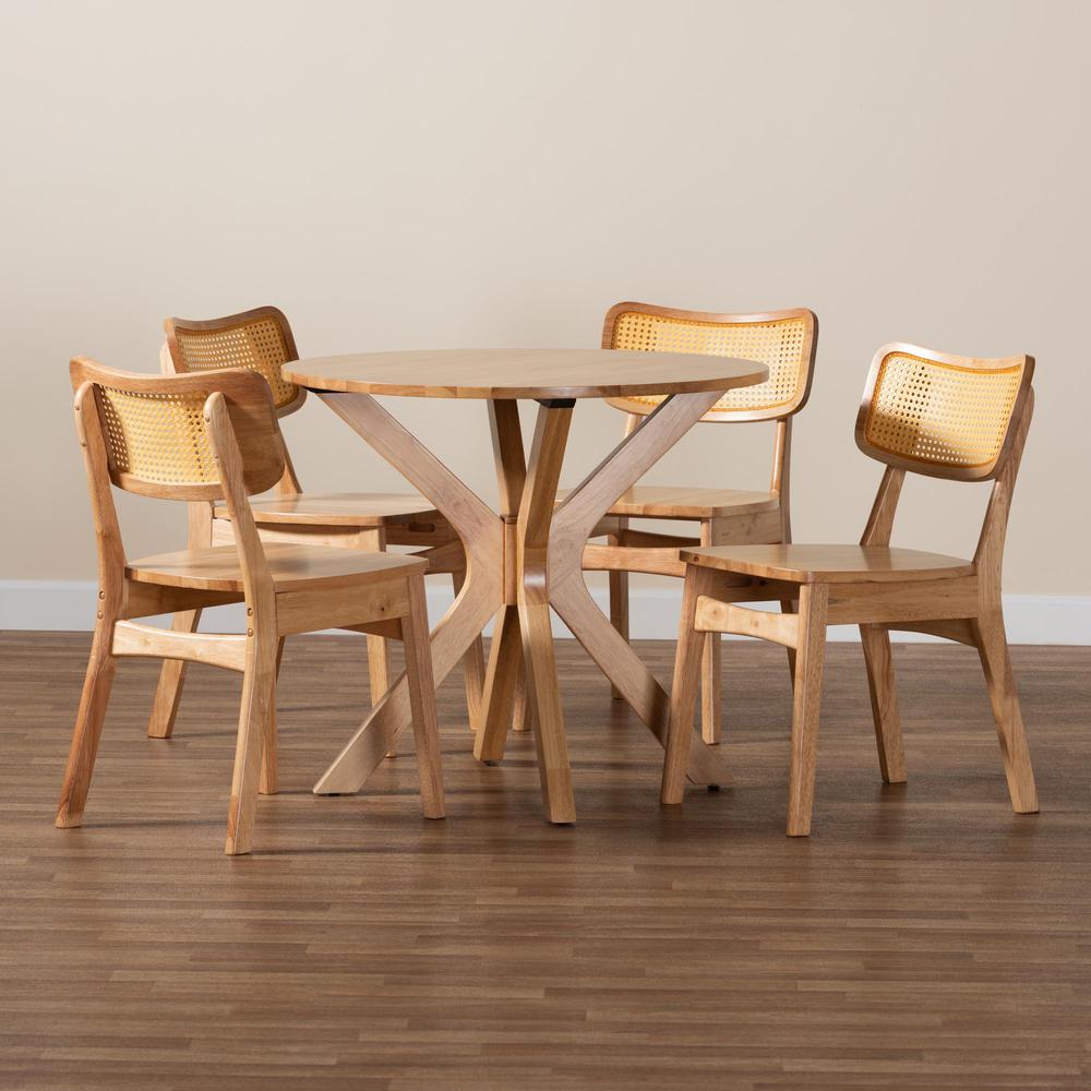 Camilo Mid-Century Modern Oak Brown Finished Wood and Rattan 5-Piece Dining Set. Picture 19