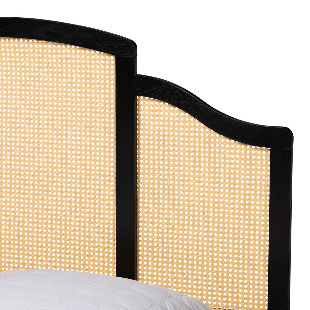 Traditional Black Finished Wood Queen Size Platform Bed with Woven Rattan. Picture 13