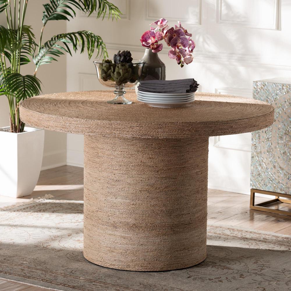 bali & pari Bistra Modern Bohemian Natural Brown Seagrass and Wood Dining Table. Picture 12