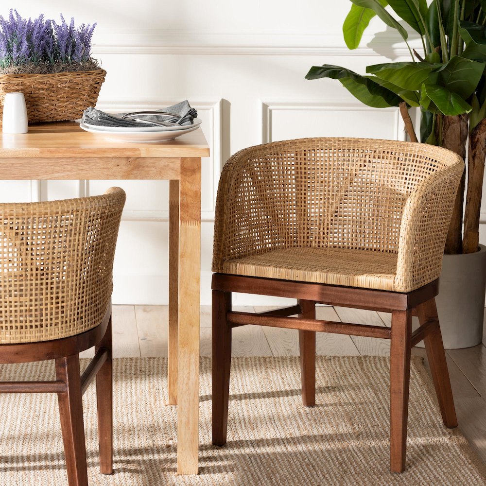 Papua Modern Bohemian Natural Rattan and Walnut Brown Acacia Wood Dining Chair. Picture 11