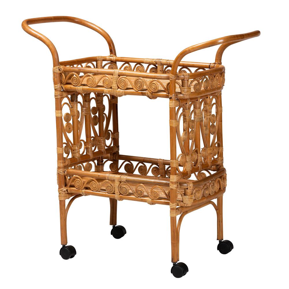 Diwata Modern Bohemian Natural Brown Rattan Kitchen Cart. Picture 10