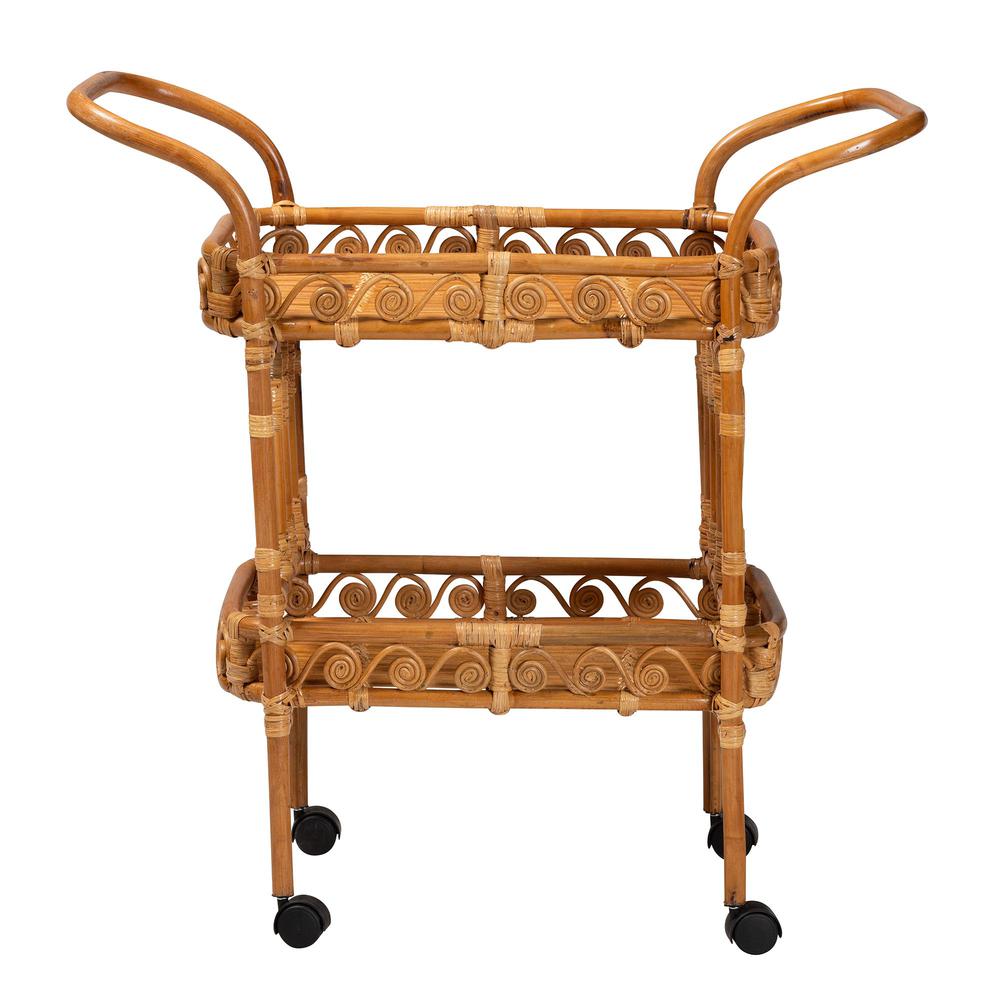 Diwata Modern Bohemian Natural Brown Rattan Kitchen Cart. Picture 11