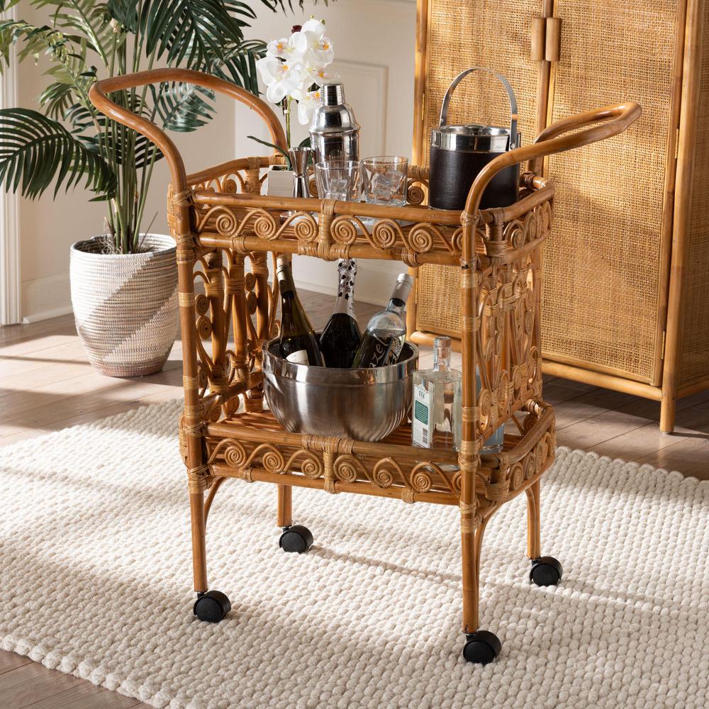Diwata Modern Bohemian Natural Brown Rattan Kitchen Cart. Picture 16