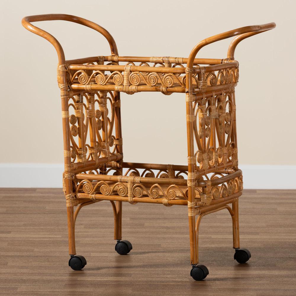 Diwata Modern Bohemian Natural Brown Rattan Kitchen Cart. Picture 17