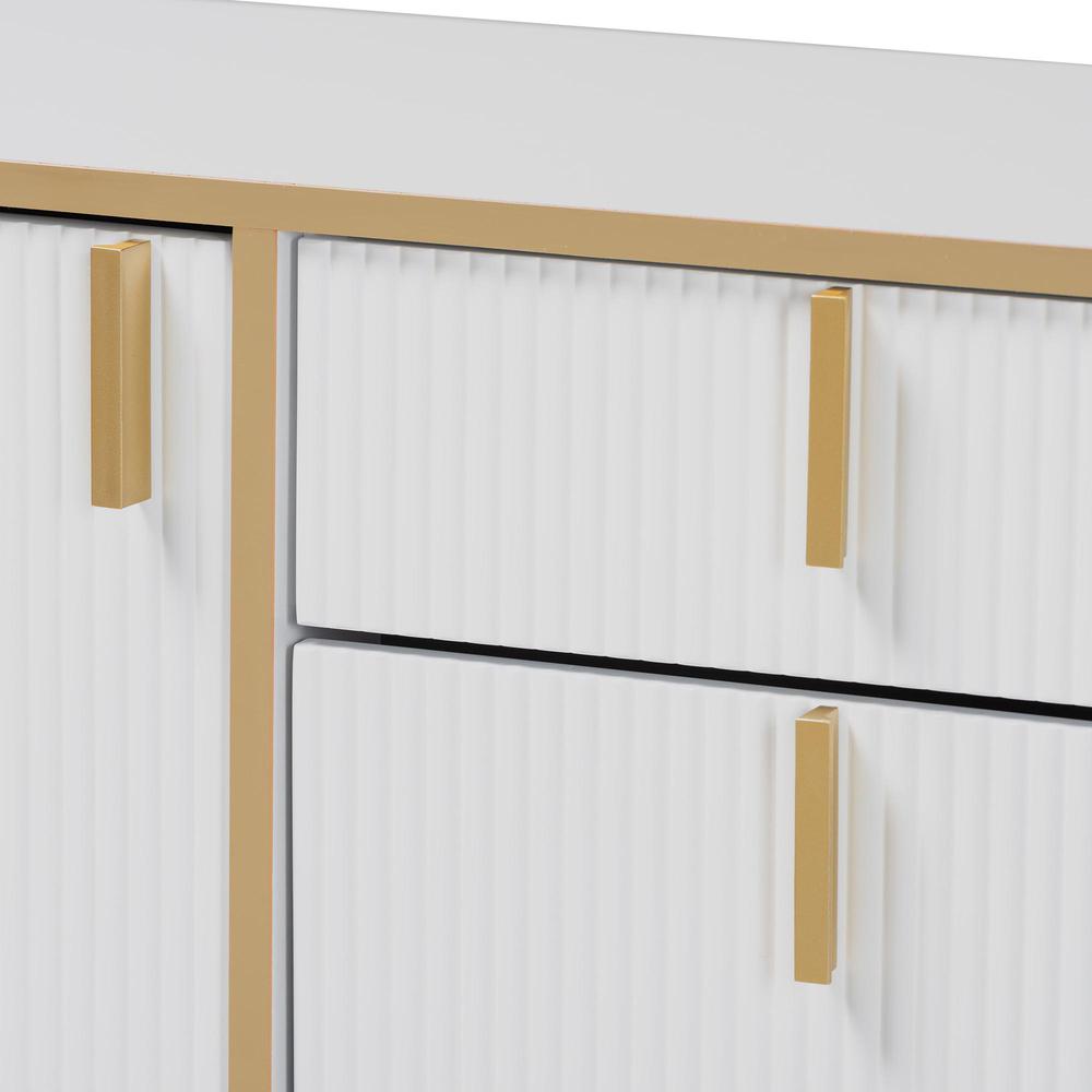 Lilac Modern Glam White Wood and Gold Metal 2-Door Shoe Cabinet. Picture 16