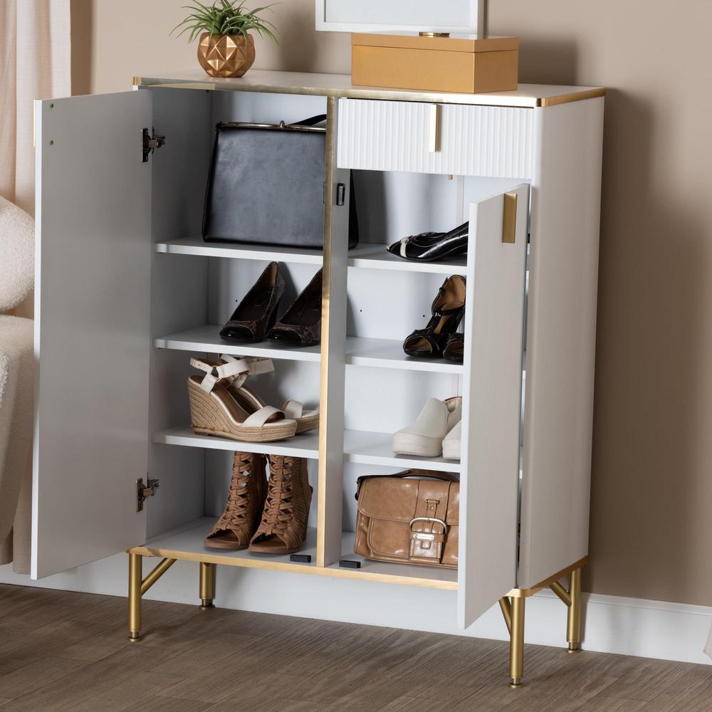 Lilac Modern Glam White Wood and Gold Metal 2-Door Shoe Cabinet. Picture 20